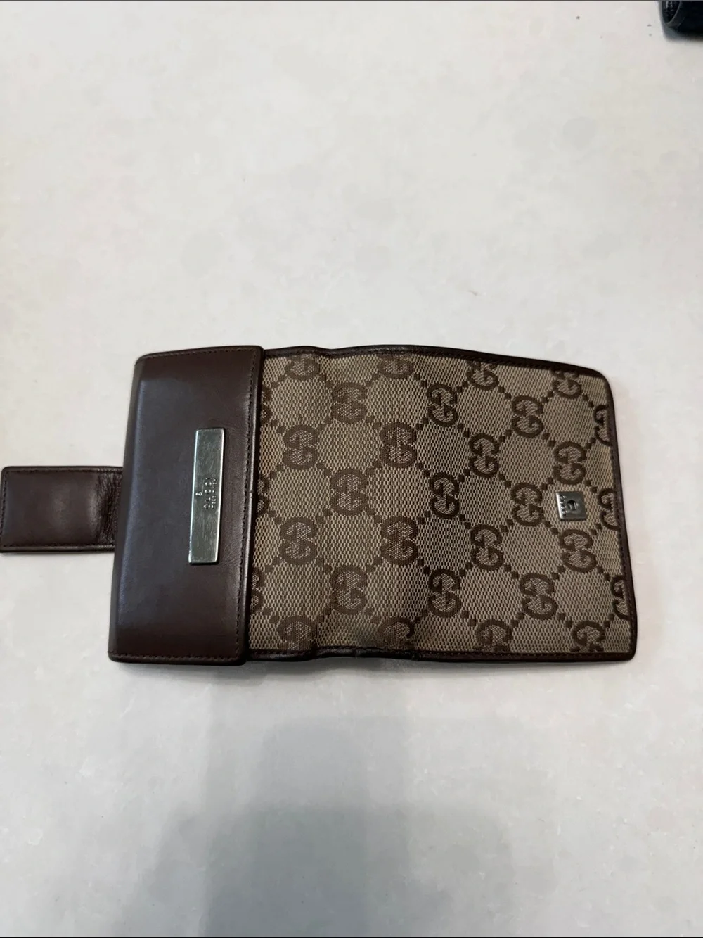 Gucci Brown Leather & Beige GG Monogram Bifold Wallet
